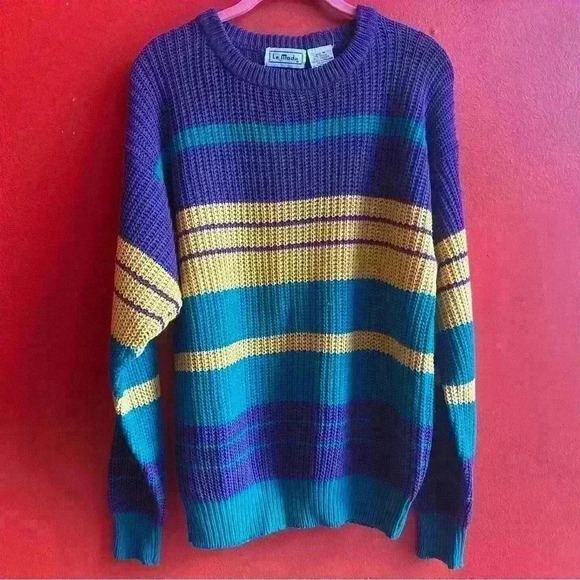 Vintage Sweaters - Vintage 90's thick knit pullover bright stripe sweater size Medium
